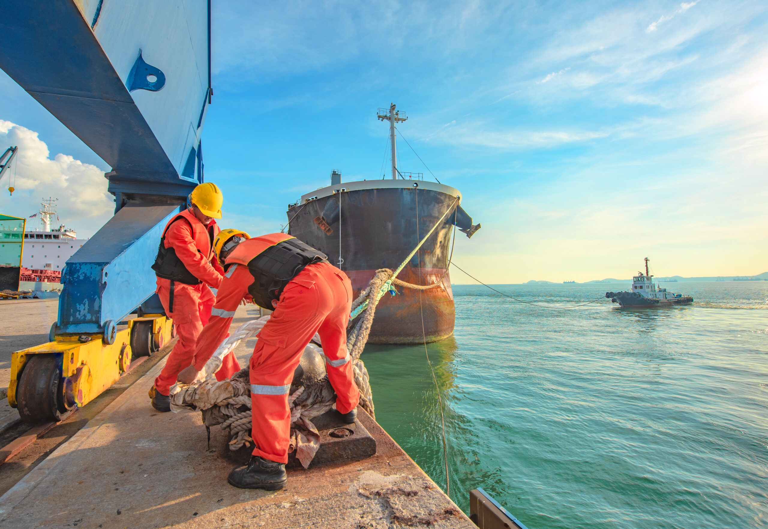 Crew securing a seagoing vessel alongside the quay, with a tug in the background